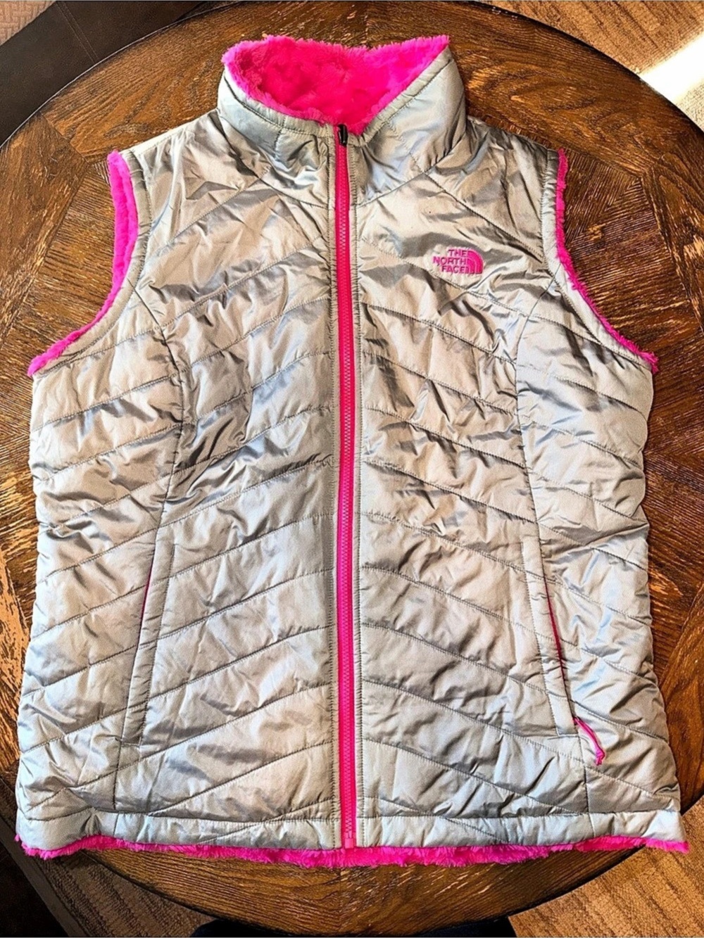 North Fave Quilted Fleece-Lined Vest in Pink & Silver Like New